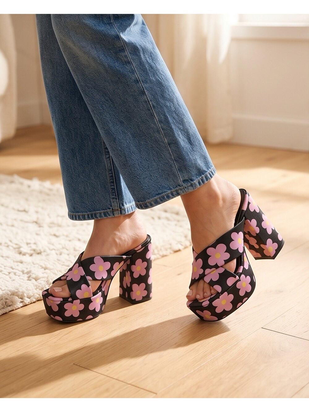 ASOS DESIGN Nana Platform Heeled Mules In Pink Black Daisy Print Size 6 NWOT $65